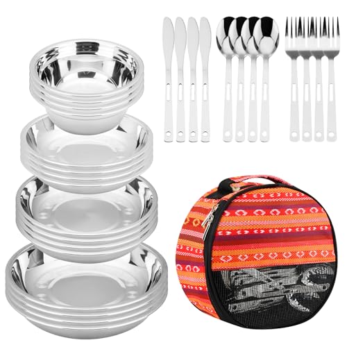 Camping Mess Kits - 28pcs Camping Dinnerware Set Camping Gifts Camping cookware Sets Camping Accessories Camping Cooking Utensils Set Bowls Plates Knives Forks Spoons