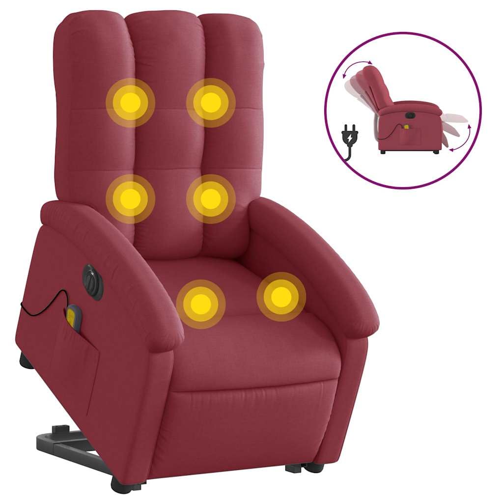 Sillón elevador eléctrico reclinable de tejido rojo vino con 6 puntos de vibración, función de elevación e inclinación a 135 grados, estructura estable