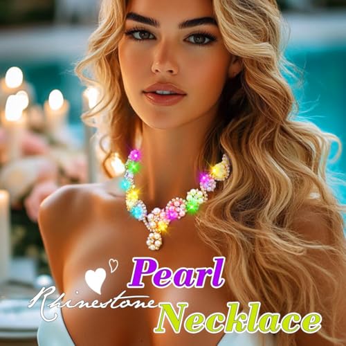 JEWEKY Light Up Pearl Necklace Led Gold Rhinestone Necklaces for Women3