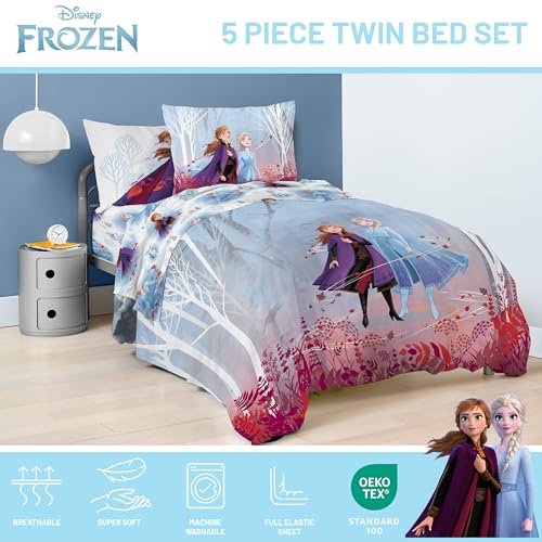 Image of Disney Frozen 2 Forest Spirit 5 Piece Twin Bed Set - Includes Reversible Comforter & Sheet Set - Bedding Features Elsa & Anna - Super Soft Fade Resistant Microfiber - (Official Disney Product)