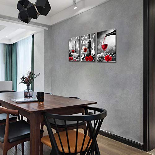 Wine Decor Kitchen Canvas Art Red Wine Rose Artwork For Home Walls Black And White With Red Wine Painting Printed Rose Art Dining Room Decor Red Kitchen Pictures Wall Decor Stretched 12X16Inchx3 #TOP5