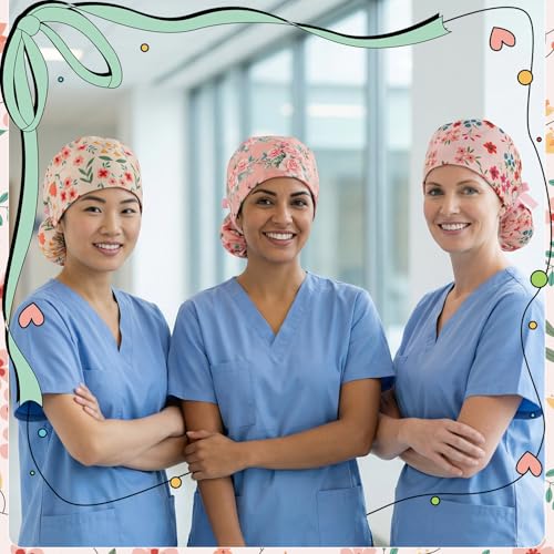 JATEBI Ponytail Scrub Caps for Women 6 Pcs - Satin Lined Pink Floral Surgical Cotton Nurse Hats with Buttons and Sweatband, Adjustable Working Cap Pouch Tie Back for Nurses(Pink)