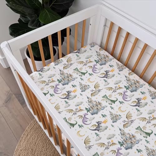 Image of Baby Boy Girl Standard Crib Sheet Covers Dragon Tale Castle, Watercolor Green Moon Cloud Star Tree Snug Fitted Toddler Mattress Sheet, Soft Stretchy Breathable Kid Nursery Bed Decor Gift 52x28