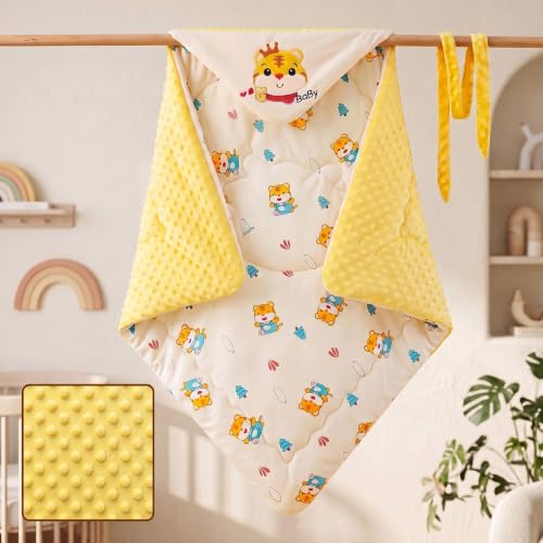 Image of StarAndDaisy Baby Swaddle Wrapper Blanket with Hood | Cotton & Soft Bean Velvet Receiving Blanket | Newborn Baby Wrap, Infant Sleeping Bag, Baby Quilt for Boys & Girls (Yellow)