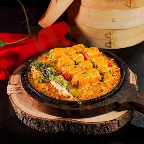 Image of REMARKABLE Iron Sizzler Plate with Wooden Base | Small Dessert Round Serving Platter with Handles | Brownie Sizzler Tray for Cake | Sizzling Brownie Plate |Hot Sizzling Plate | 5 inch Qtr. Size |Set of 1