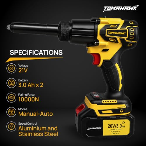 Image of Tomahawk TCR-4187 20V Cordless Riveter /Rivet Gun | 2100 LBF Pull Force | 0-500 RPM Variable Speed | Tool-Free Nose Change & LED | Dual 20V 3.0Ah Batteries | Automotive & Sheet-Metal Rivet Tool