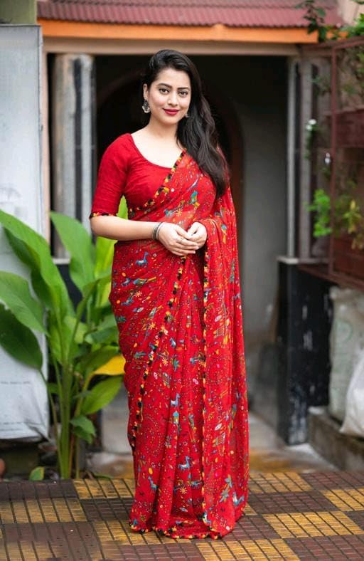 Image of Yashika Women's Printed Georgette Printed Saree With Lace Border and Blouse Material