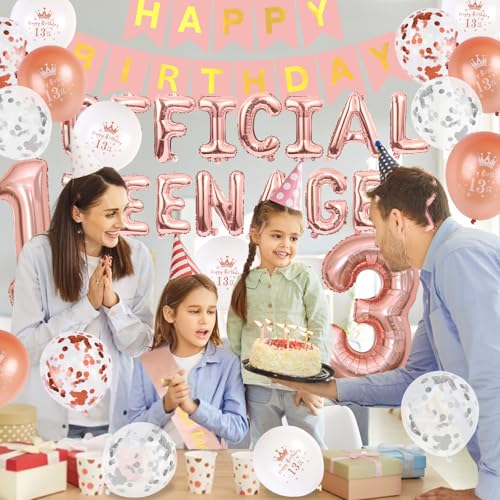 13th Birthday Party Decorations Girls, Rose Gold Official Teenager Party Supplies Happy 13th Birthday Balloons Banner with Number 13 Balloon Teenager Sash for 13 Years Old Party Supplies - Image 4