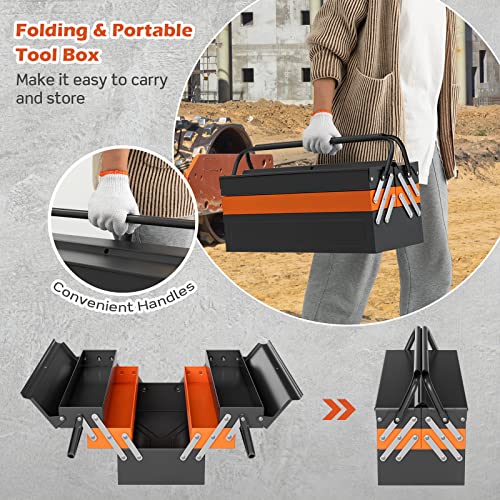 Goplus 22-Inch Metal Tool Box, 3-Layer 5-Tray Portable Folding Tool Chest Organizer With Handle & Lock Hole, Cantilever Toolbox For Garage Trunk Household Office, Powder Coated Steel #TOP2