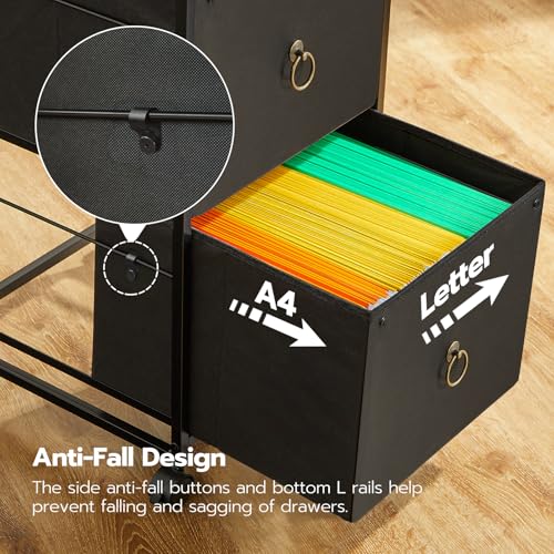 HOOBRO 2 Drawer Mobile File Cabinet, Rolling Printer Stand, Vertical Filing Cabinet, Office Drawers, Filing Cart for Home Office, A4/Letter Size, Nonwovens Drawer, Black and Rustic Brown BFK20WJ01 - Image 5