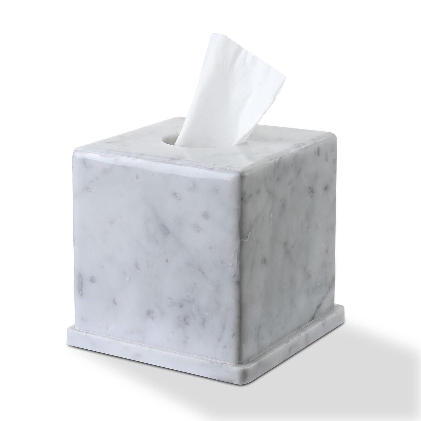 Portapañuelos de Mármol Natural Blanco Carrara, Caja Cuadrada 15x15x14.5 cm para Baño Moderno/Salón, Organizador de Pañuelos Pesado con Piedra Auténtica