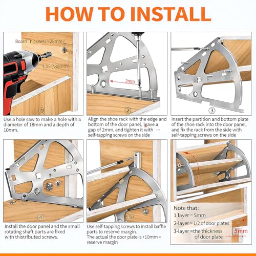 Image of VOLO Shoe Rack Fittings | Shoe Drawer Hinges for Cabinets, Space Saving Shoe Organizer Hardware for Modular Shoe Wardrobes Storage | Pack of 2 Pieces (1 Pair) | (Stainless Steel, 3 Layer)