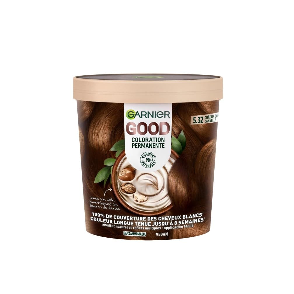 Garnier - Coloration Permanente - Sans Ammoniaque - 90% d'Ingrédients d'Origine Naturelle et Formule Vegan - Beurre de Karité - 100% Couverture Cheveux Blancs - Châtain Doré Cannelle (5.32) - Good