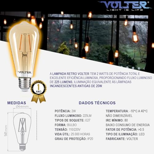 Lâmpada Retro Volter Filamento Led St64 Vintage 2w E27 Amarela