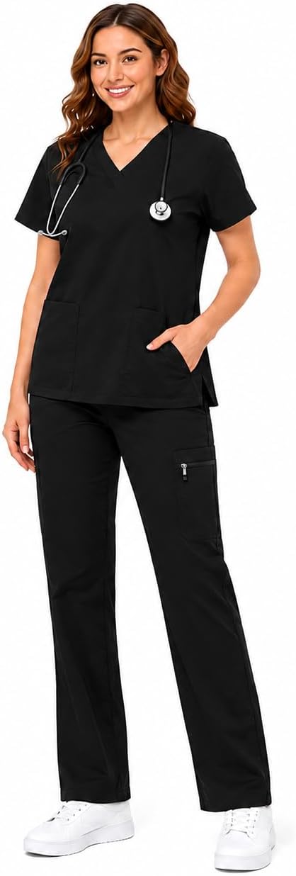 Women’s V-Neck Medical Scrub Set, Stretch Fabric, Multi-Pocket Nurse Uniform