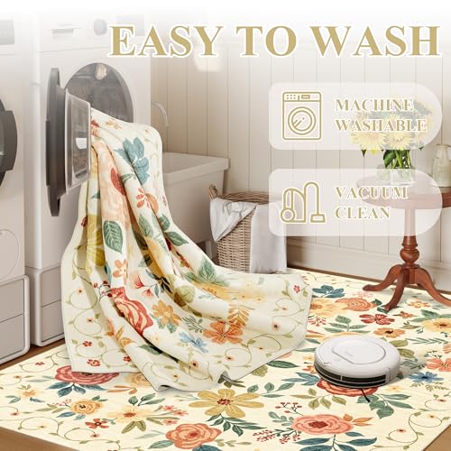 Tapis lavable floral jaune et beige DUKINO 91x152 cm - 8