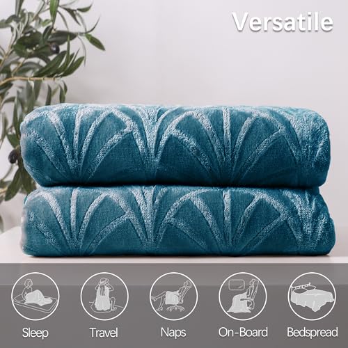 Whale Flotilla Flannel Fleece Twin Size Blanket for Bed, Soft Fluffy Velvet Bedspread Coverlet with Decorative Vintage Pattern for All Season, Warm and Lightweight, 60x80 Inch, Teal