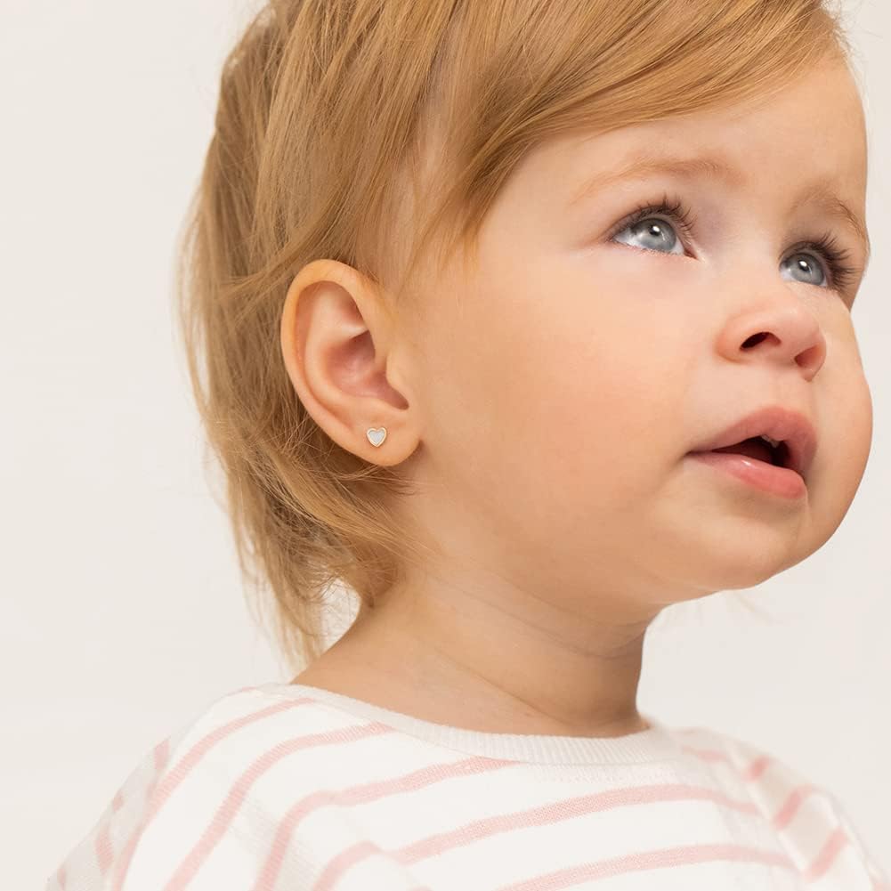 14k Yellow Gold Mother of Pearl Little Heart Screw Back Earrings for Young Girls - Small Dainty Screw Backs for Baby Girls to Toddlers - Beautiful Studs for Pretty Little Children