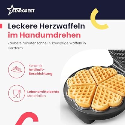 Starcrest Waffeleisen Herzform für 5 Waffeln - pflegeleichter Waffle Maker mit Cool-Touch-Griff, 1200W, rutschfeste Füße, antihaftbeschichtet, Kontrollleuchte, Edelstahl-Schwarz – Bild 5