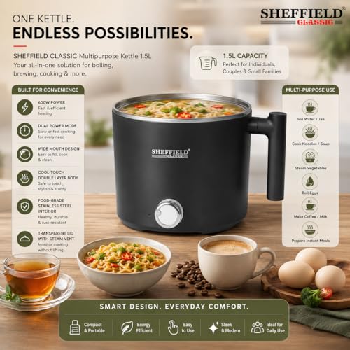 Image of Sheffield Classic 1.5L Multipurpose Electric Kettle with Steamer & Egg Tray | 600W Multi Cooker for Boiling Water, Milk, Eggs, Tea & Cooking Noodles | Variable Temperature Control (Black)