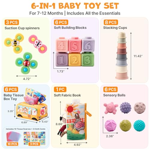 JoyCat Baby Toys 6-12 Months, Montessori Sensory Baby Toy Set with Stacking Cups, Soft Blocks, Tissue Box Toy, Spinner Toys, Sensory Balls, Cloth Book, Infant Learning Toys, Baby Shower Gift - Image 9