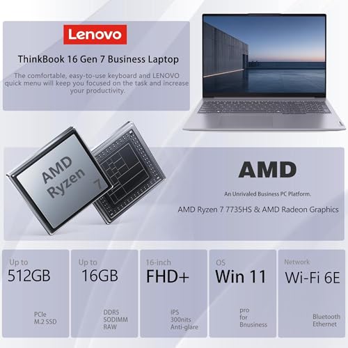 Image of Lenovo ThinkBook 16 Gen 7 Business Laptop, 16 inch FHD+, AMD Ryzen 7 7735HS, 16GB DDR5, 512GB SSD, Wi-Fi 6E, HDMI, Fingerprint, HD Webcam with Privacy Shutter, Windows 11 Pro