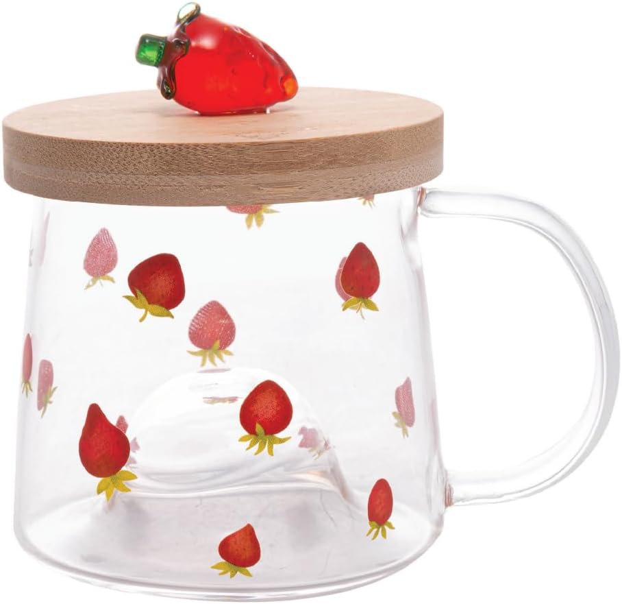 LYOR – Caneca de Vidro Borossilicato Resistente ao Calor com Pires de Bambu Morango 350ml