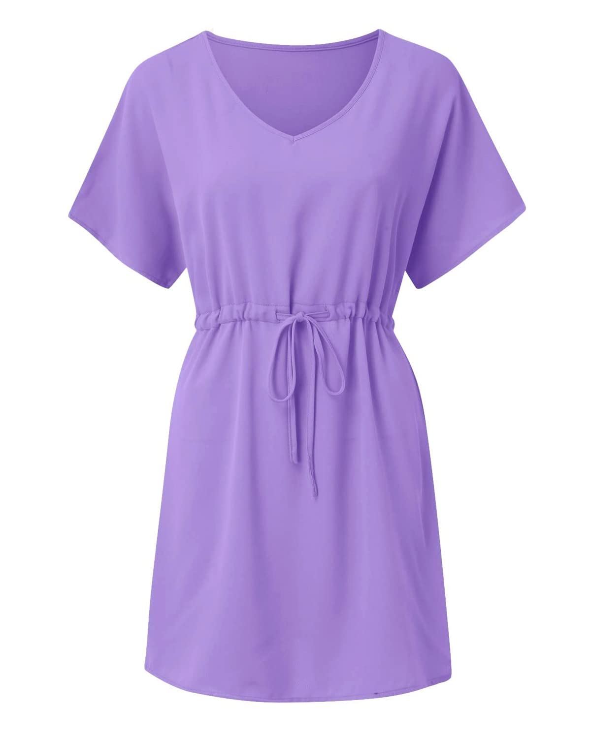 Robe de Plage Femme col en V Cache Maillot Manche Courte Robes ete Plage avec Ceinture Mousseline de Soie Décontracté Maillot de Bain Cover Up