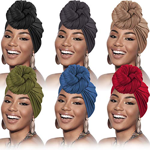 6 Pieces Head Wrap Scarf Turban Long Hair Scarf Wrap Soft Stretch Headwrap Solid Color Turban Tie Headband for Women Girls Favors (Black, Khaki, Wine Red, Army Green, Dark Gray, Blue)