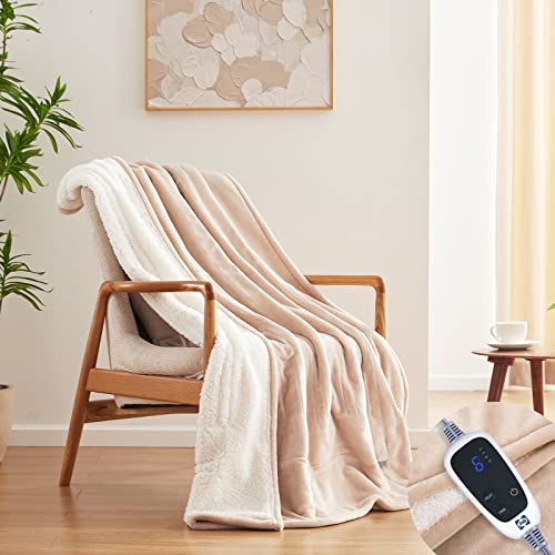 Sealy Heated Blanket Electric Throw, Flannel & Sherpa Heating Throw With 6 Heat Settings & 2-10 Hours Auto Shut Off, Fast Heating & Etl Certification, 50X60 Inch, Beige #TOP2