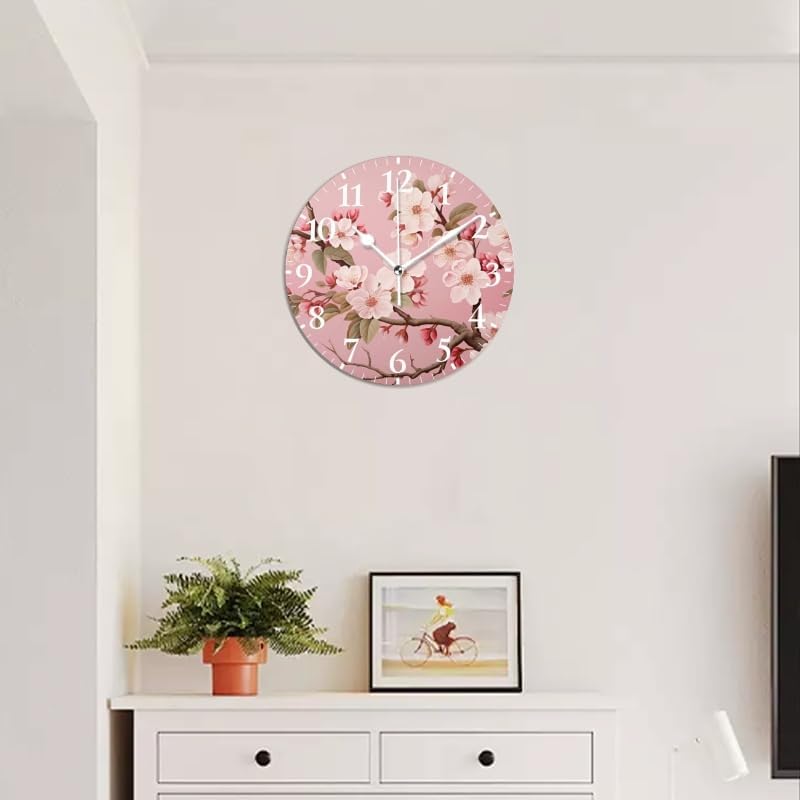Battery Operated Round Wall Clock Non-Ticking Silent Analog Clcok Decorative for Living Room,Office,Kitchen-Delicate Beauty of Sakura in Full Bloom(14inch)