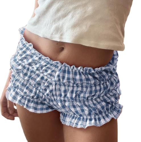 Image of Cute Bloomers Shorts for Women Y2k Ruffle Gingham Bottoms Low Rise Lounge Boy Shorts Plaid Mini Pj Boxers