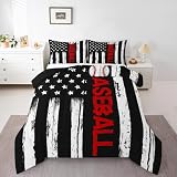 Erosebridal Baseball Comforter Set Full Sports Bedding for Boys Kids Teens USA Flag Quilt Set 3pcs Baseball Print Duvet Geometric Stripe Bedding Set with 2 Pillow Sham Breathable Vintage Home Decor