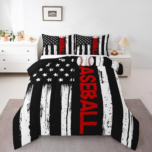 Erosebridal Baseball Comforter Set Full Sports Bedding for Boys Kids Teens USA Flag Quilt Set 3pcs Baseball Print Duvet Geometric Stripe Bedding Set with 2 Pillow Sham Breathable Vintage Home Decor