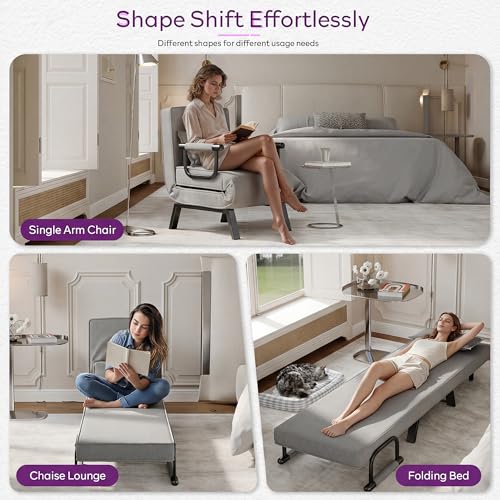 TYBOATLE Sleeper Chair Bed, Comfy Convertible Sleeper Futon Chairs for Adults, 5 in 1 Folding Bed Chair with Adjustable Backrest & Side Pockets & Pillow, Cozy Small Sofa for Small Spaces (Light Grey)