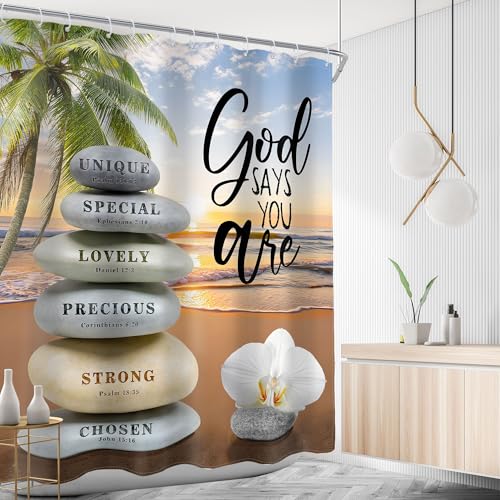 AMBZEK Beach Zen Stone Bible Verse Shower Curtain 60Wx72L Inch Ocean Sea Tropical Palm Tree Scripture Spa Lotus Quotes Artwork Cloth Fabric Waterproof Polyester Bathroom Decor Set with 12 Pack Hooks - Image 3