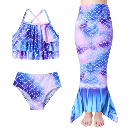 Image of Redair Mermaid Girls Bathing Suit 3PCS Ruffle Top Bikini Bottoms Swimsuit Kids Beach Pool Swimwear 3-11Y