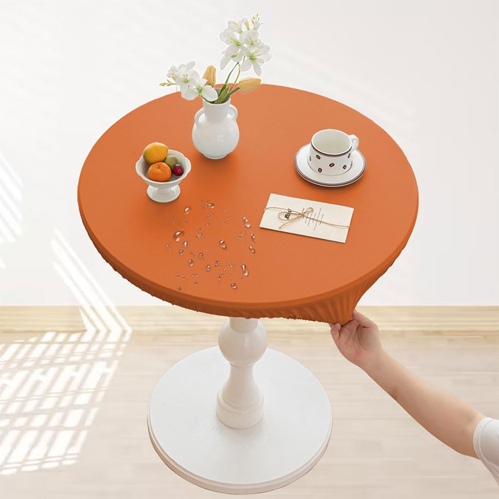 Lukery Fitted Elastic Round Tablecloth, Wipe Clean Tablecloths Waterproof Stain Resistant Table Decoration for Kitchen Garden Indoor Outdoor (Diameter 130cm,Orange)