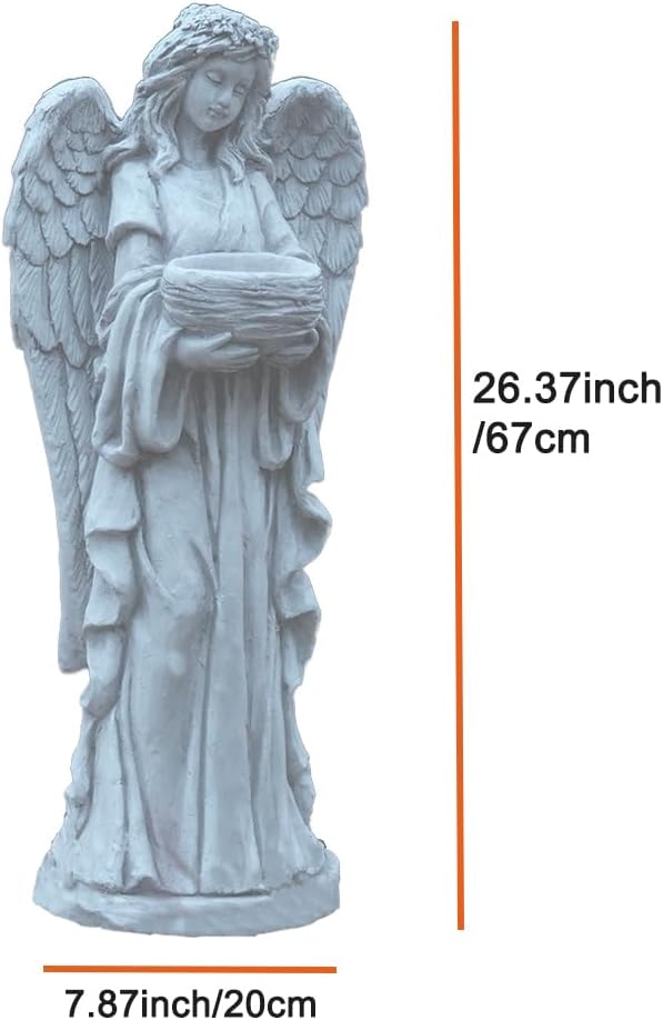 Outdoor Angel Statue with Birdbath, Garden Sculpture Decorations for Yard Patio Deck Home Entryway Hallway (Angel-Grey)