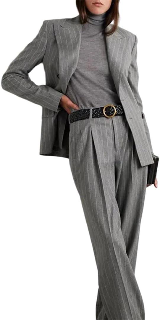 Women Horizontal Striped Single Breasted Suit Slim Cut Business Blazer Pants Set