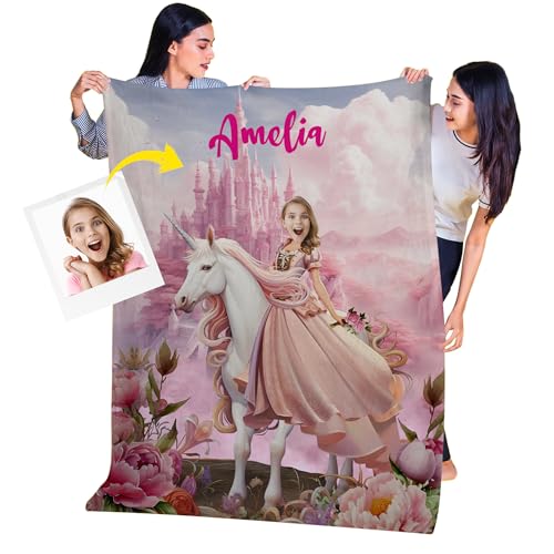 Custom Made Blankets from Photos, Personalized Throw Blankets, Princess and Unicorn Gift for 10 Year Girl, 50 x 60 Face Blanket for Bed Sofa, Birthday Christmas Graduation Gift Ideas for Her KC32