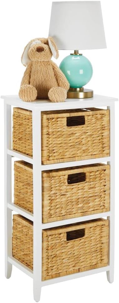 mDesign Side End Table Storage Nightstand - Sturdy Wood Frame, Water Hyacinth Woven Pull Out Basket Bins - Furniture Unit for Living Room, Bedroom, Hallway, Entryway, 3 Drawer - White/Bamboo