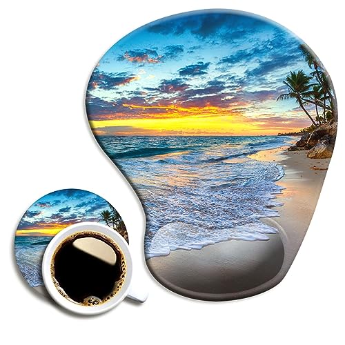 DOOKE Ergonomic Mouse Pad with Wrist Support and Coaster,Mouse Pads with Non-Slip PU Base for Home Office Working Studying Easy Typing & Pain Relief Natural Beach