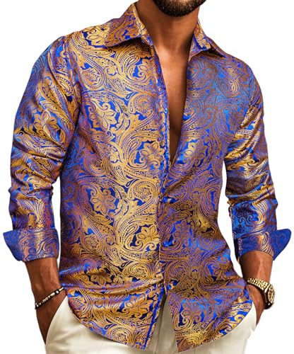 Barry.Wang Camisas de vestir para hombre, de seda, de cachemira, manga larga, con botones, para ocio, boda, fiesta, baile de graduación, Oro azul., XXL