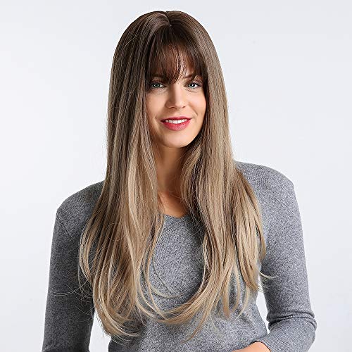 HAIRCUBE Ombre Wigs for White Women 22 Inch Nature Straight Chocolate Brown Root Synthetic Wigs with Blunt Bang(10/22/85)