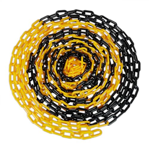 Relaxdays Cadena de Plástico para Señalización, Barrera Obra, Valla Aparcamientos, Colas, 20 m, Negro y Amarillo