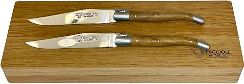 Miniatura 4 de Laguiole en Aubrac L uxury: cuchillos para carne de acero inoxidable totalmente forjados, 2 piezas, asas de madera de teca, refuerzos de acero