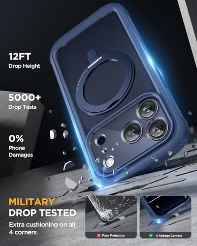 Image of Miracase for iPhone 17 Pro Case with 360 Spin Magnetic Stand, Full-Body Phone Case with Built-in Glass Screen Protector & Camera Control, Drop Proof iPhone 17 Pro Cover, Dark Blue