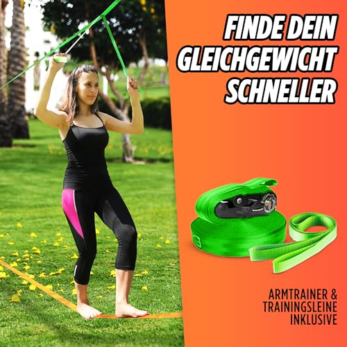 Slackline Anfänger-Komplettset – Trainingsgurt Baumschutz Transporttasche – neueste Technologie mit Ratsche und ergonomischem Griff – perfekte Aktivität im Freien
