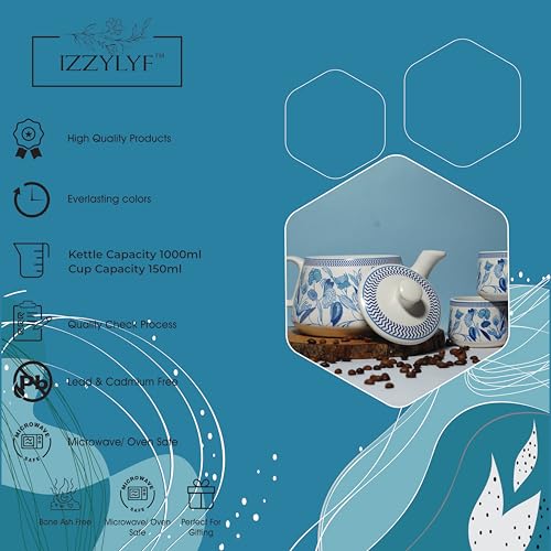 Image of 'Garden Whisper' Premium Ceramic Tea Cup Set with Kettle & 6 Cup | Floral Printed Ceramic Cup with Teapot | Handcrafted Microwave & Dishwasher Safe | Tea Serving Set for Home, Office & Gifting